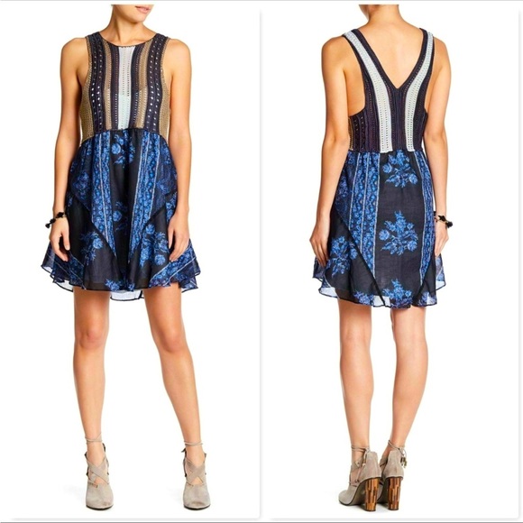 NWT Free People Katie's Mini Dress, floral skirt, crochet bodice, size Small - Picture 1 of 9